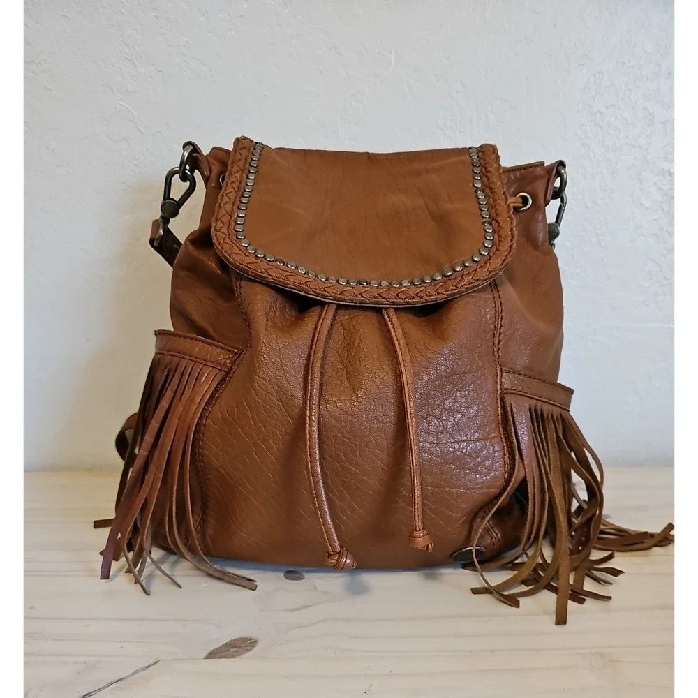 The Sak Avalon Fringed Convertible Cognac Brown Leather Backpack or Handbag
